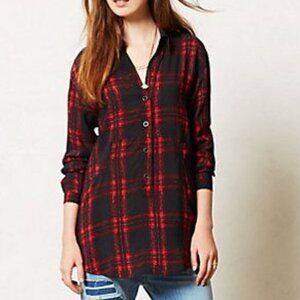 Anthropologie Kennebec Tunic Buttondown Shirt Black & Red Plaid Tartan